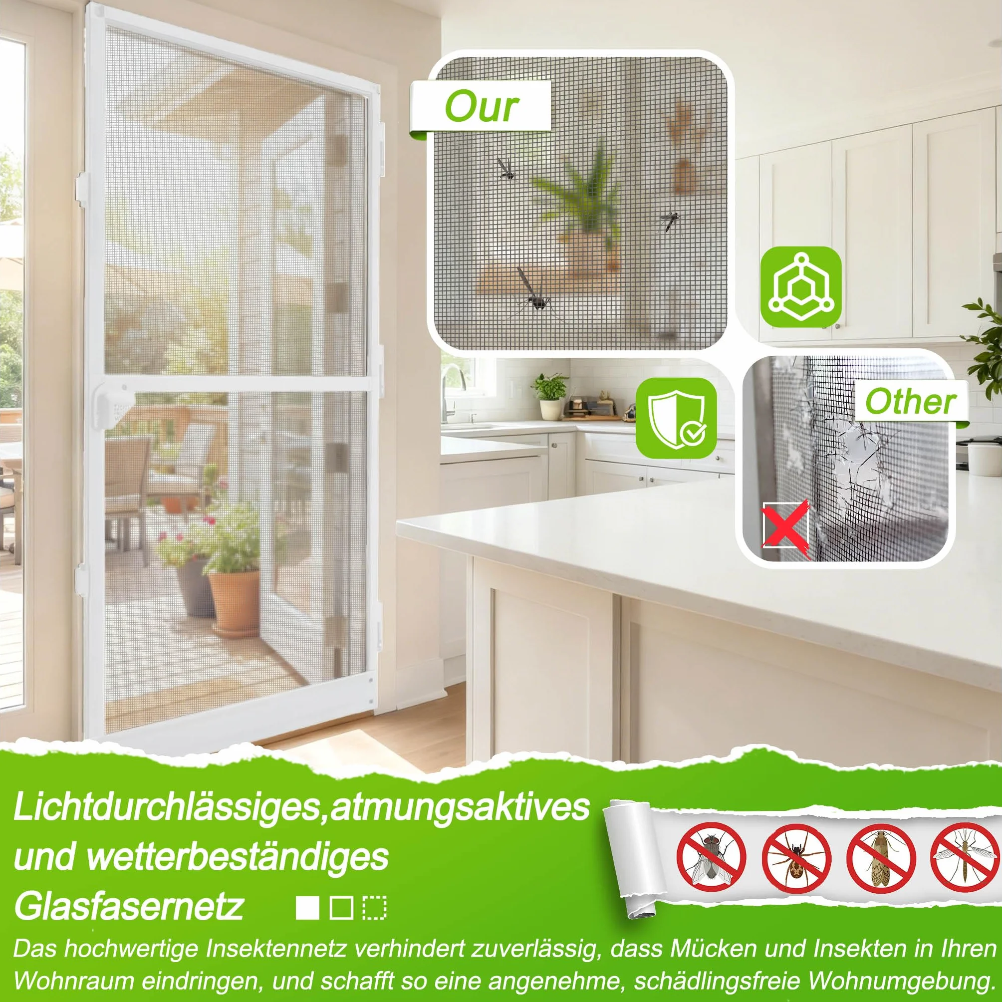 Aufun 120 x 240 cm Moskitiera do drzwi aluminiowych Flyscreen, ochrona przed owadami, z ramą aluminiową w kolorze białym