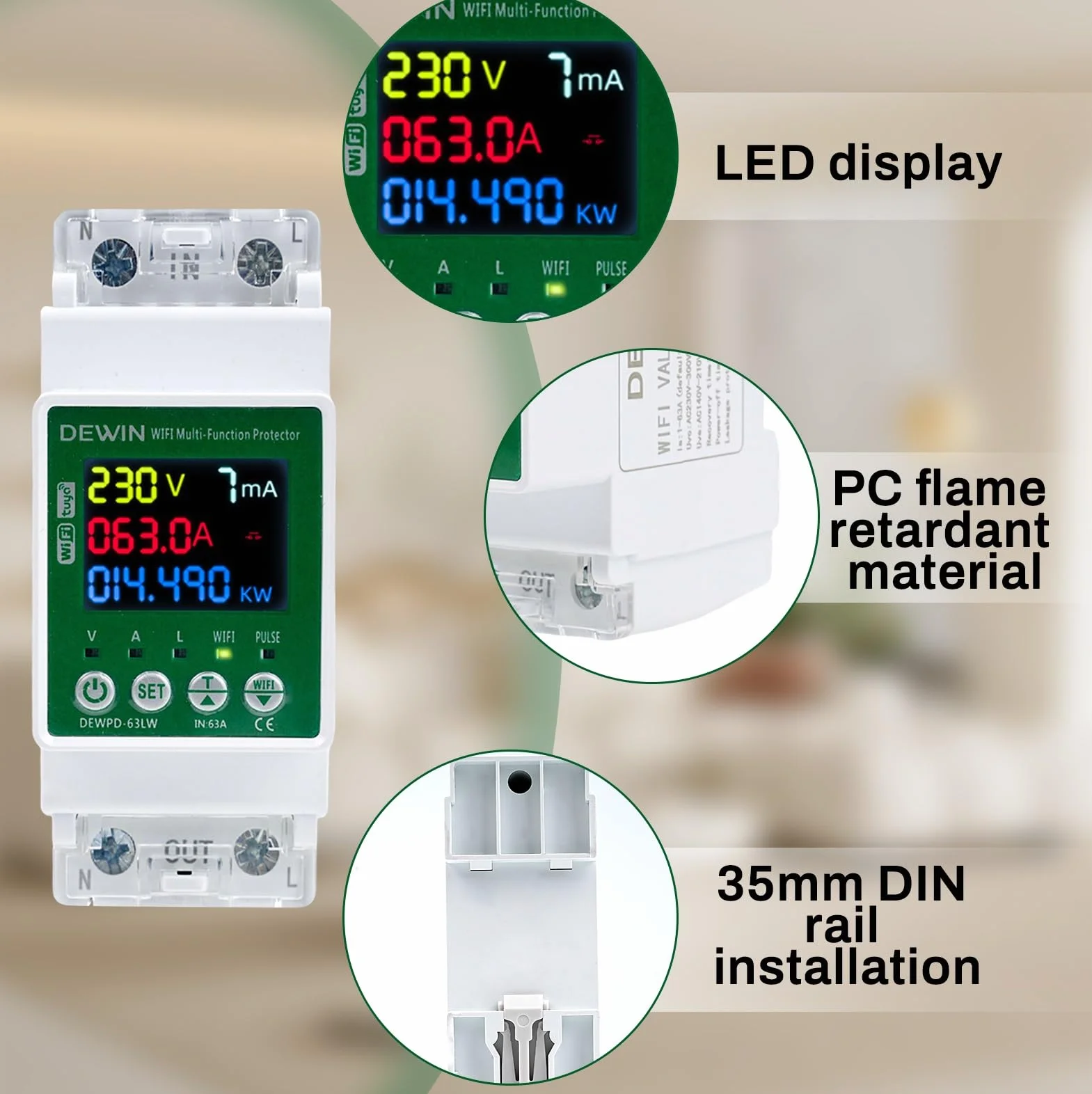 DEWIN miernik zużycia energii WiFi, 63A 230VAC Monitor energii Tuya WiFi Automatyczna ochrona przed przepięciami ochrona przed przeciążeniem (instrukcja w języku angielskim)