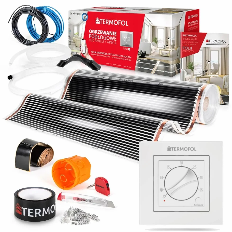 Termofol - Folia grzewcza na podczerwień | Moc: 140W/m2 | Powierzchnia 2 m² | Kompletny zestaw z termoregulatorem TF-H3 | Do samodzielnego montażu | Ogrzewanie podłogowe, ścienne lub sufitowe | Ogrzewanie na podczerwień