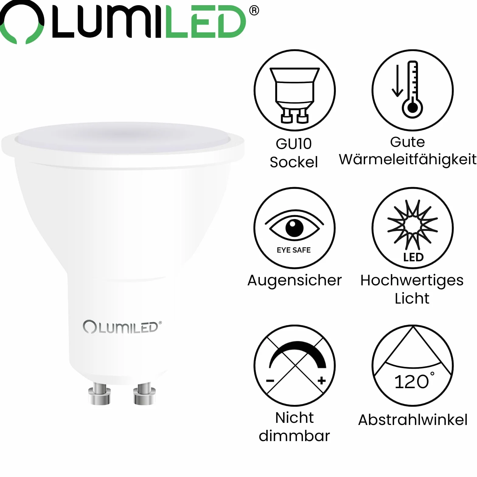 Lumiled Żarówka LED GU10 Reflektor PAR16 8W = 75W 800lm 3000K Ciepła biel 120° Energooszczędna Zestaw 10 sztuk