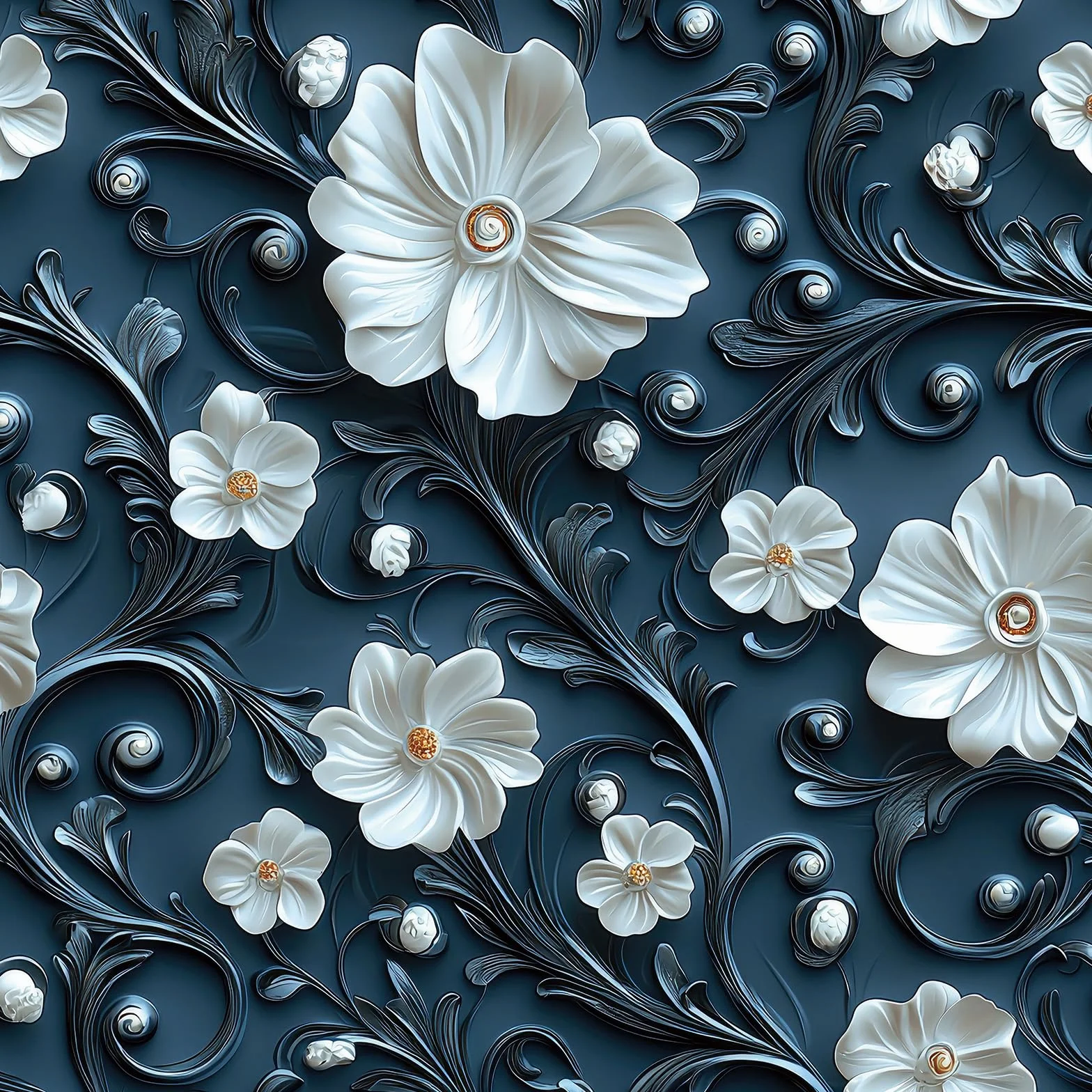 ReWallpaper Folia samoprzylepna Niebieskie kwiaty Vintage Samoprzylepna tapeta Efekt 3D Fototapeta Kwiaty Białe 44,5 cm x 3 m Folia do mebli Szafki kuchenne Szuflady Tapeta ściana Niebieska