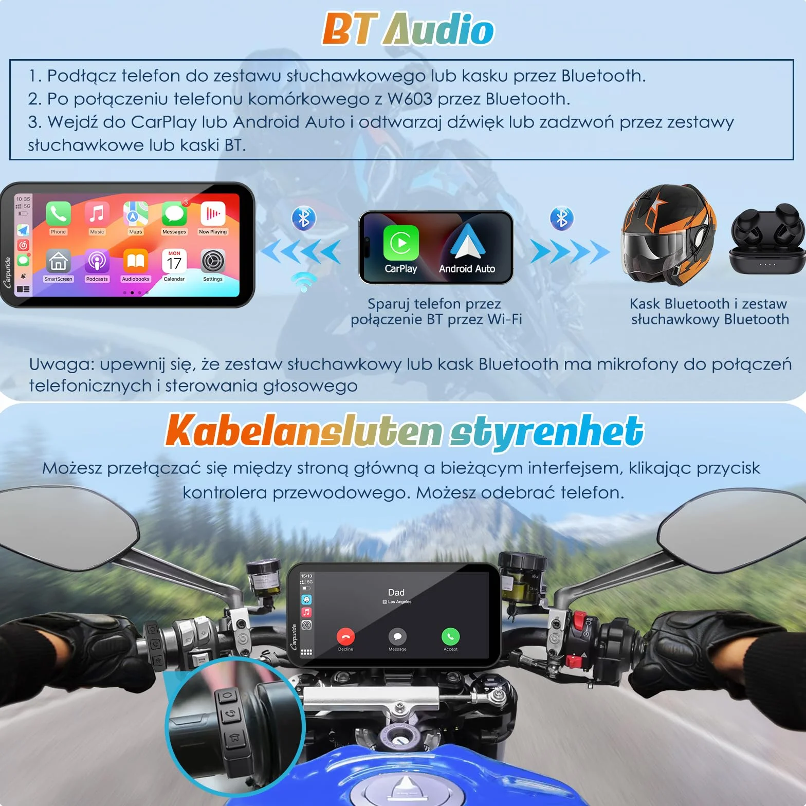 Carpuride W603 Ekran motocyklowy Carplay, Bezprzewodowa funkcja CarPlay i Android Auto dla Moto, Pilot zdalnego sterowania, Wodoodporny ekran dotykowy 6,3 cala, Nawigacja GPS, Siri, Asystent G00gle