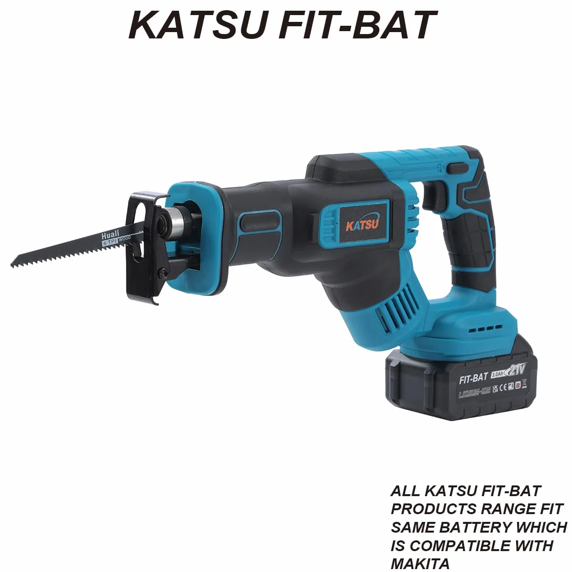 KATSU FIT-BAT akumulatorowa piła szablasta 21 V z akumulatorem 3,0 Ah i ładowarką, 4 brzeszczoty, długość skoku 28 mm, zmienna prędkość, wymiana ostrza, idealna do cięcia metalu i drewna