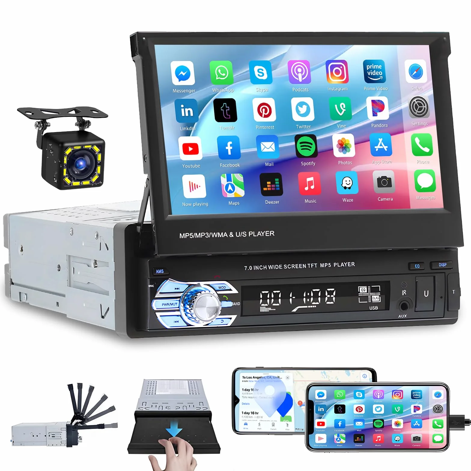 Radio samochodowe Hikity 1 Din z 7-calowym wysuwanym ekranem Radio samochodowe Bluetooth Zestaw głośnomówiący z USB FM Mirror Link AUX Kamera cofania