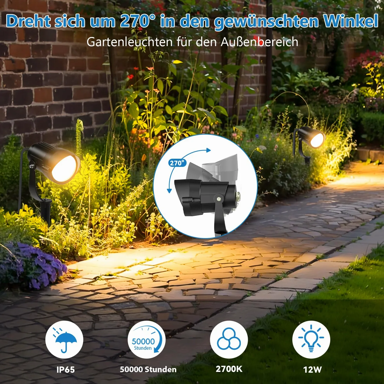 HIBOITEC Oświetlenie ogrodowe 12 W z wtyczką kablową 1,5 m, 2700 K ciepła biel, reflektor ogrodowy z prądem, wodoodporne oświetlenie zewnętrzne LED, do ogrodu, 1320 lm, reflektor ogrodowy do użytku na