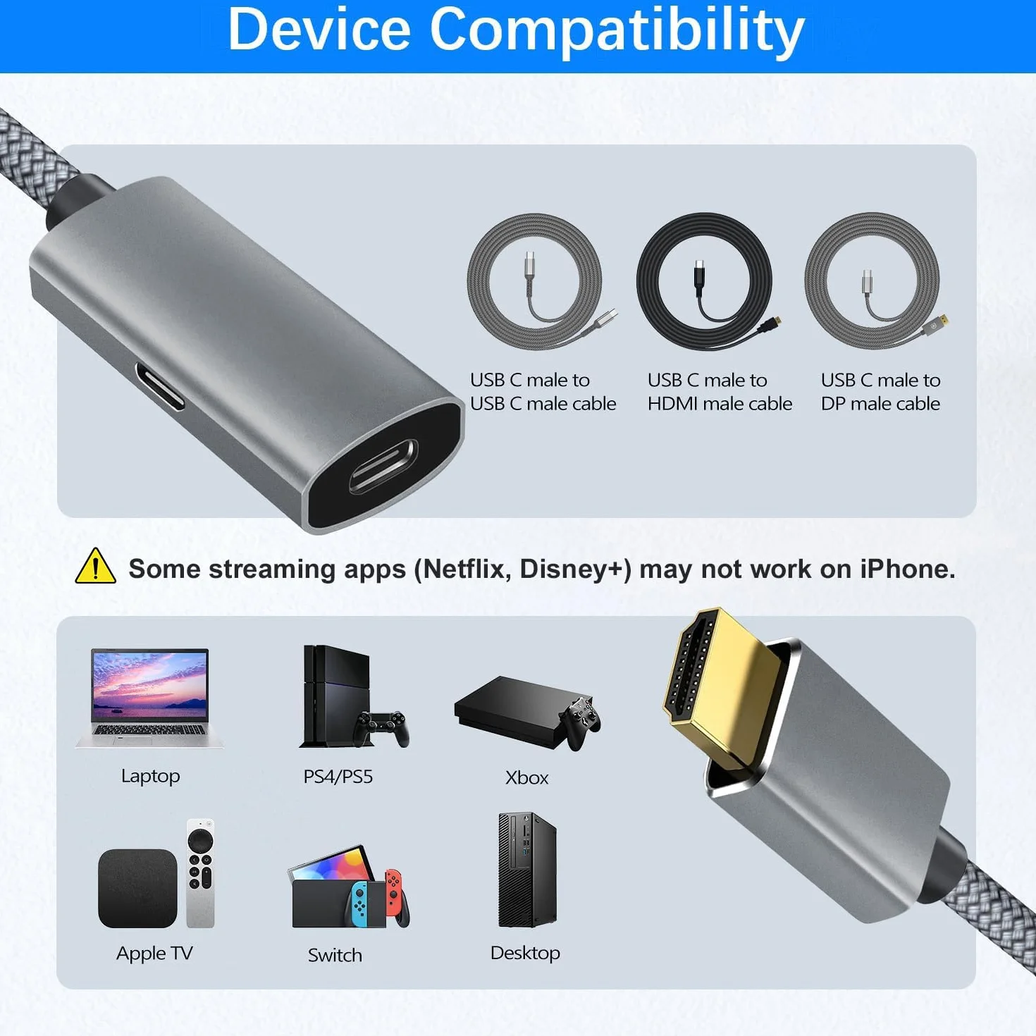 Basesailor Adapter kabla HDMI męski na USBC z kablem do ładowania, wyjście USB typu C 3.1 na wejście HDMI, adapter 4K 60 Hz Thunderbolt 3 do nowego MacBooka Pro, Mac, Surface, Nreal Air, Rokid