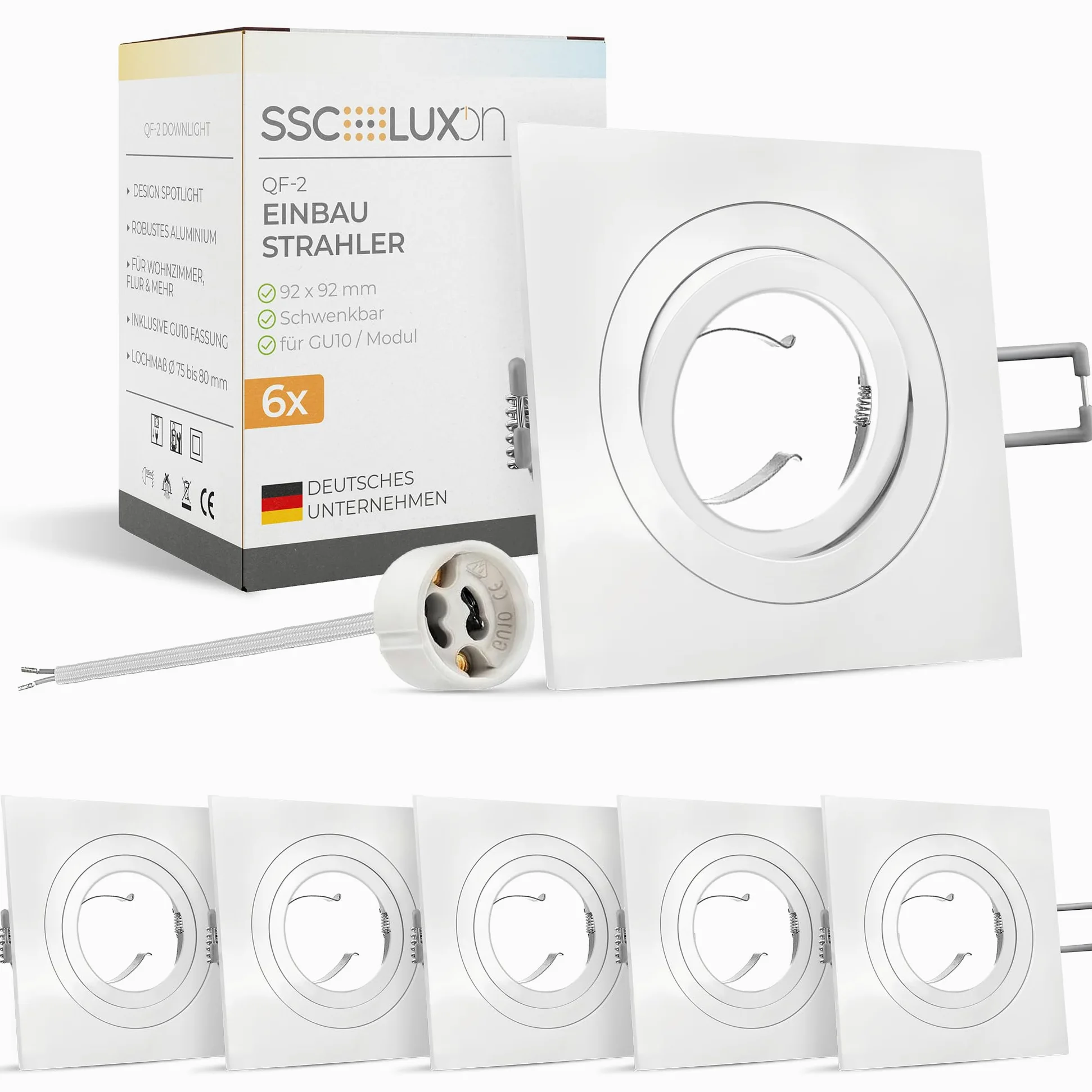 SSC-LUXon QF-2 wpuszczany reflektor LED kwadratowy, biały, obrotowy, zestaw 6 reflektorów GU10, bezpośrednie podłączenie 230 V, głębokość 20 mm, salon i kuchnia