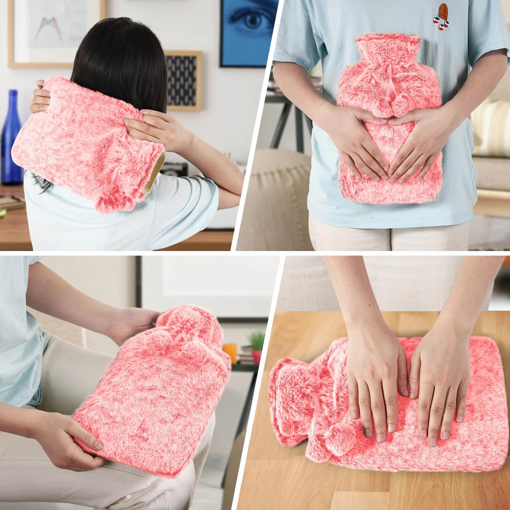 Bolsa de Agua Caliente 2L con Funda de Felpa Suave, Botella de Goma Natural para Alivio del Dolor, Calor y Confort en Noches Frías, Ideal como Regalo para Niños y Adultos, Duradera y Elegante (Rosa)