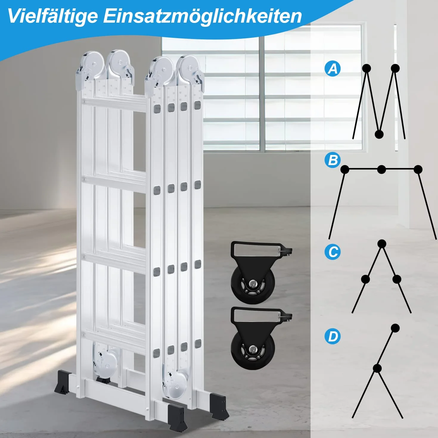 Aluminiowa Wielofunkcyjna Drabina 4,7 m, 4 x 4 Stopnie, Z Platformą, Z 2 Płytami Rusztowania, Do 150 kg, Składana 16 Stopni, Srebrna