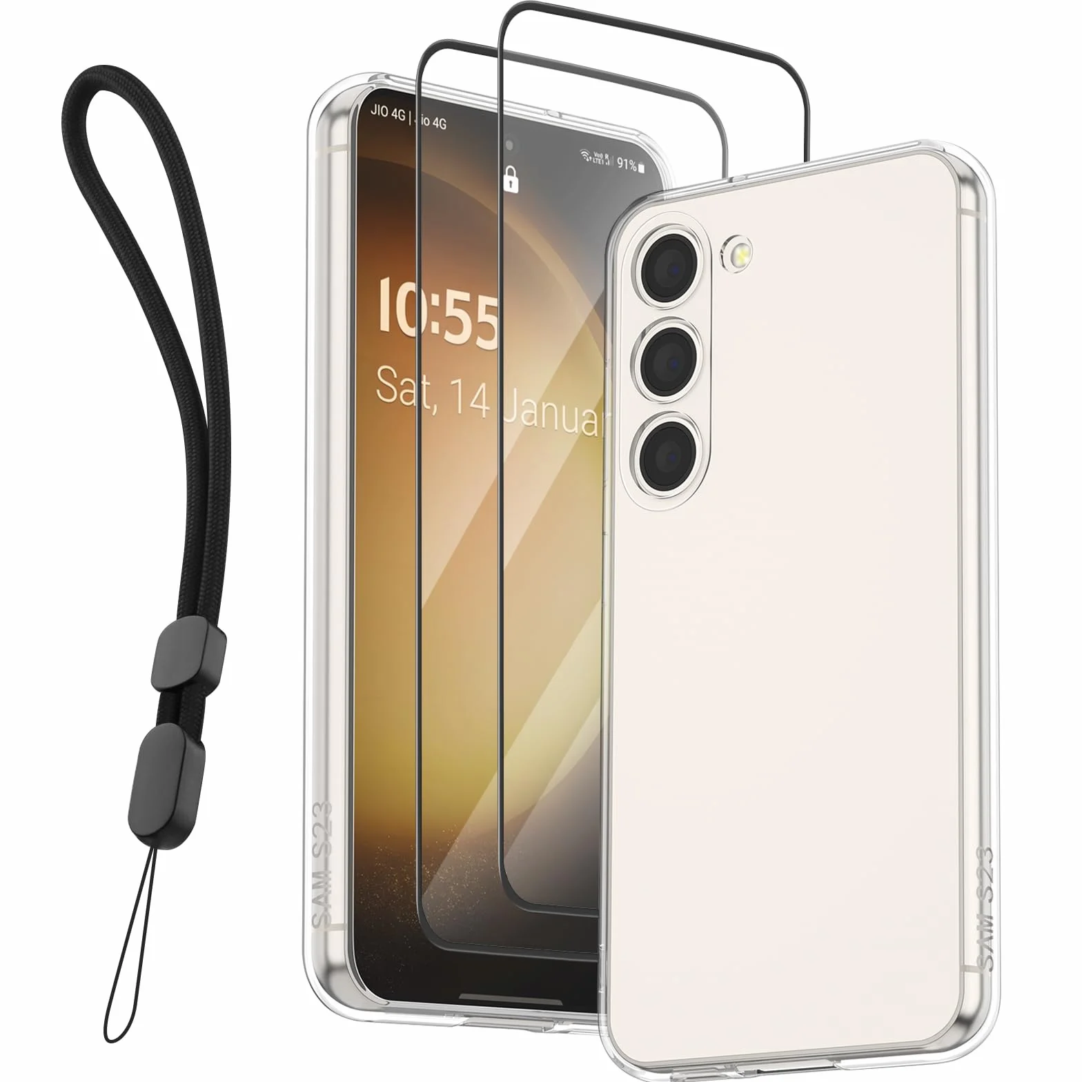 Vancle Etui na telefon Samsung Galaxy S23 z 2 szkłami pancernymi i 1 nylonową smyczą, przezroczyste etui na telefon komórkowy TPU