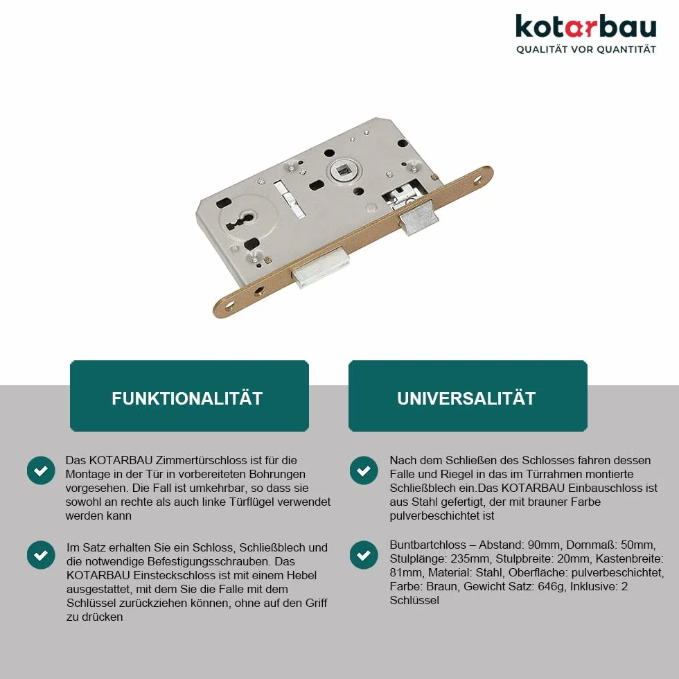 KOTARBAU® Zamek wpuszczany do drzwi wewnętrznych, 90 x 50 mm, wersja z blokadą uniwersalną z prawej i lewej strony