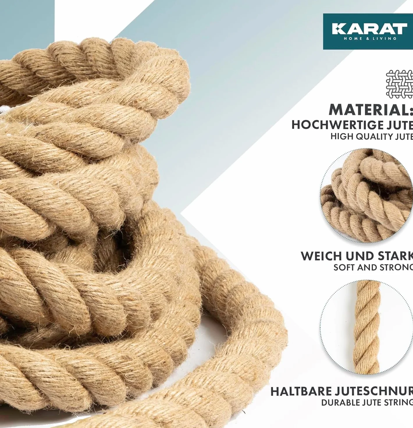 KARAT Sznurek jutowy o grubości 50 m, 30 mm, w 100% z naturalnej juty, bardzo mocny sznurek jutowy, do uprawiania sportu, dekoracji ogrodu, majsterkowania, drapania
