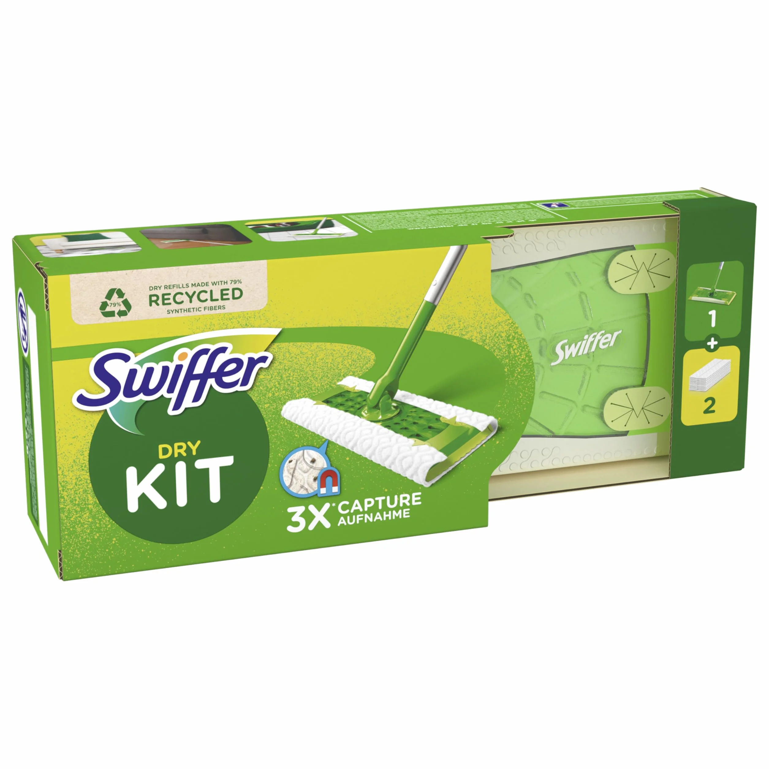 Swiffer Swiffer zestaw startowy 1 myjka do podłogi + 2 suche ściereczki do podłóg, zbierają 3 x więcej kurzu i włosów i zamykają je, 368 g
