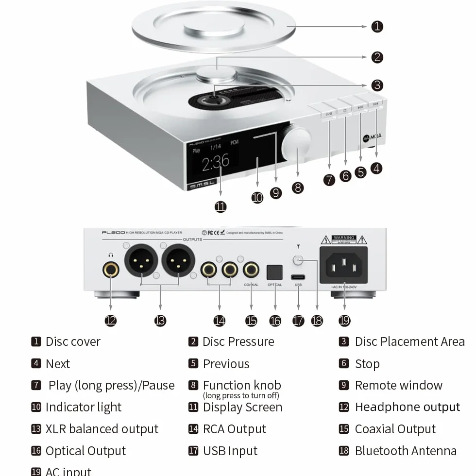 S.M.S.L PL200 MQA Odtwarzacz CD Hi-Fi AK4499EX Bluetooth Wzmacniacz Słuchawkowy DAC Srebrny