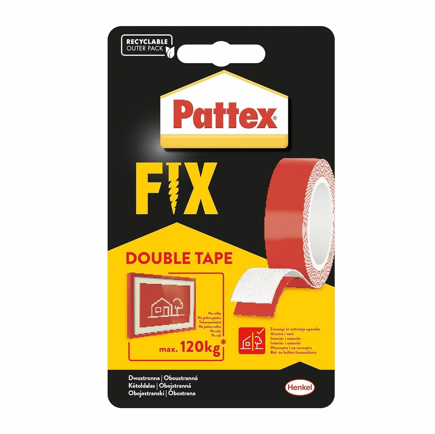 Pattex FIX 120 kg, Supermocna taśma dwustronna montażowa, elastyczna i wytrzymała taśma naprawcza, taśma klejąca dwustronna umożliwiająca montaż bez narzędzi, rolka 1,5mx19mm