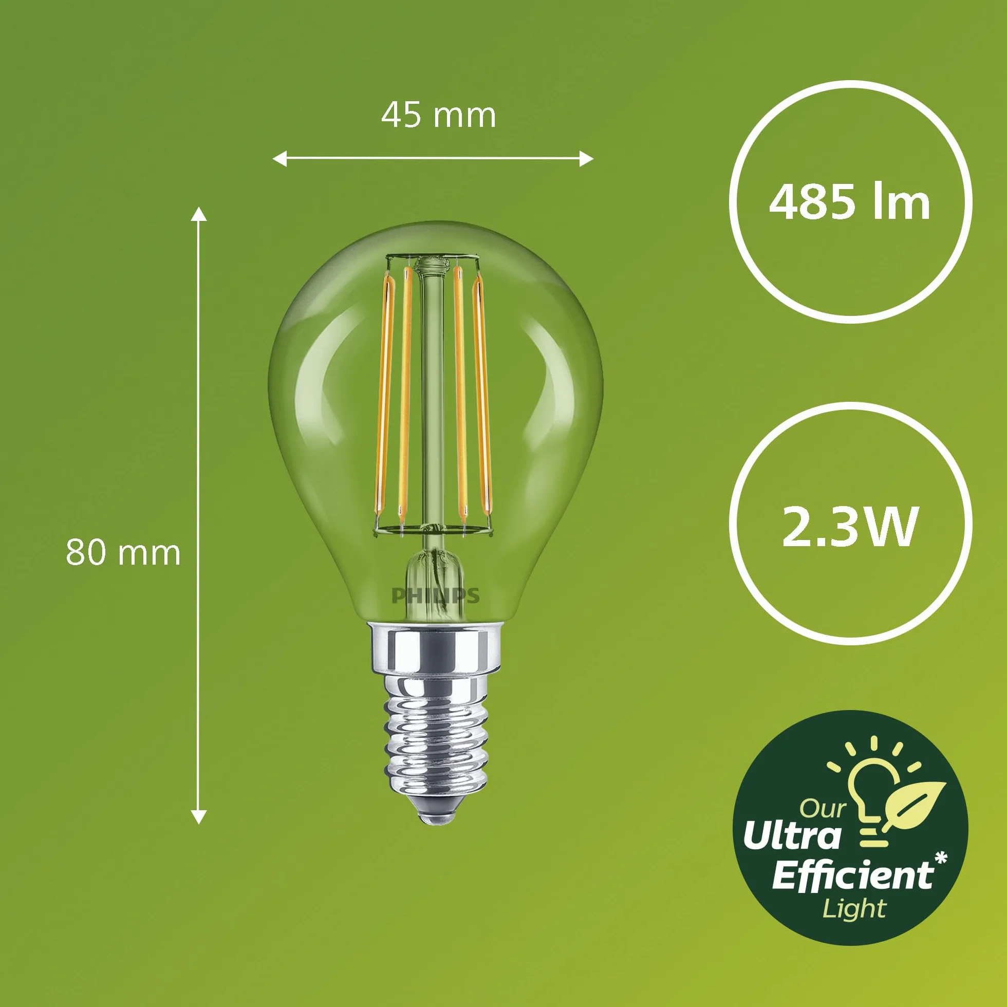 Philips Bombilla LED clásica, UltraEfficient, 40W, 485Lm, P45, E14 2700K, przezroczysty kryształ