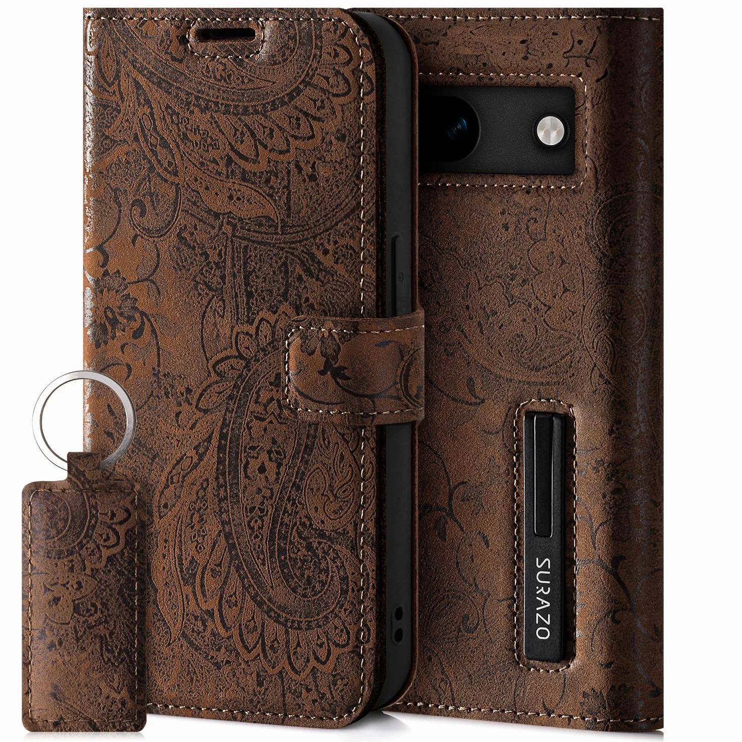 SURAZO Etui na Google Pixel 8a z Prawdziwej Skóry Składane Ochronne z Magnesem RFID Wallet Case Cover (kwiatowy wzór)