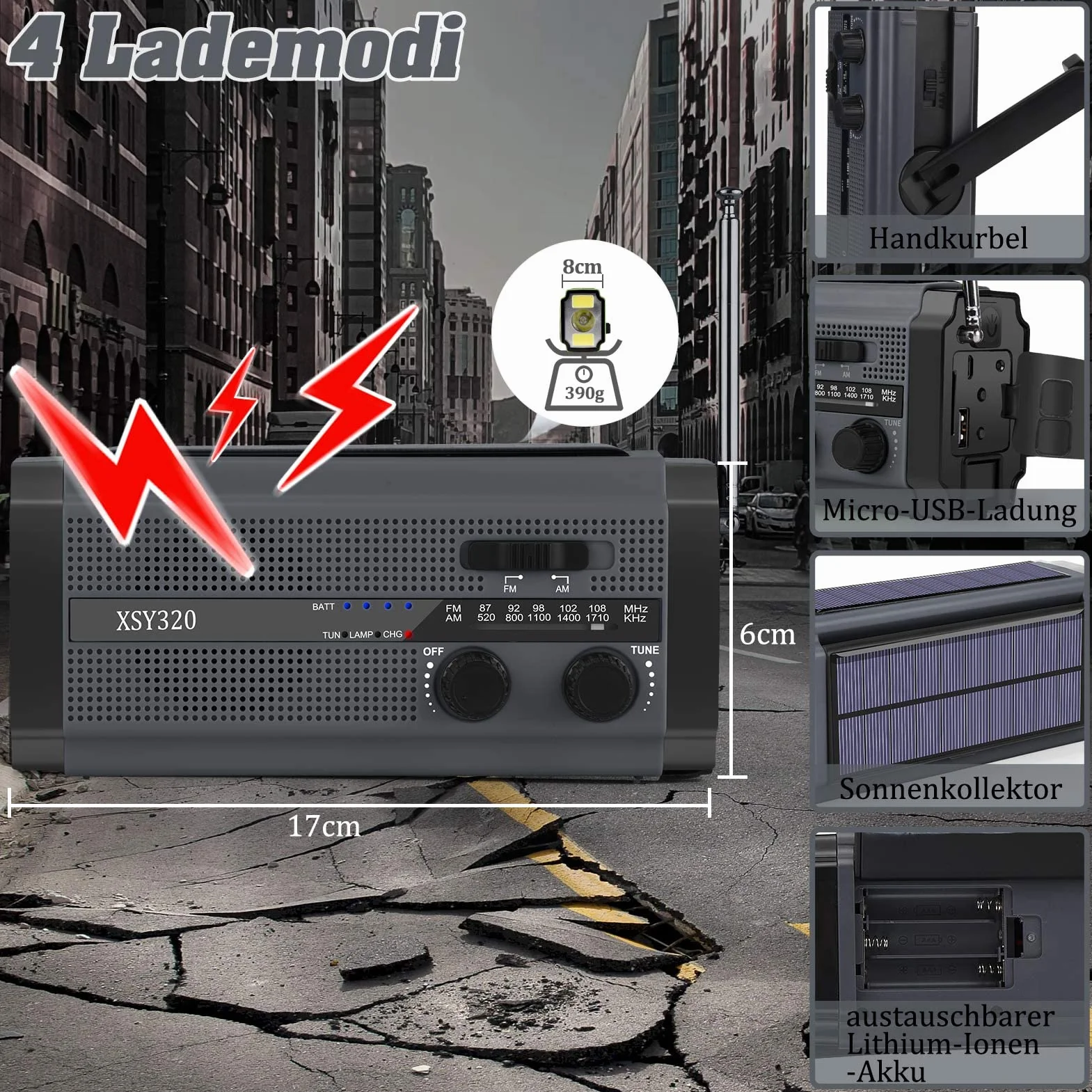 Przenośne radio korbowe AM/FM 5000 mAh latarka LED alarm SOS czarny
