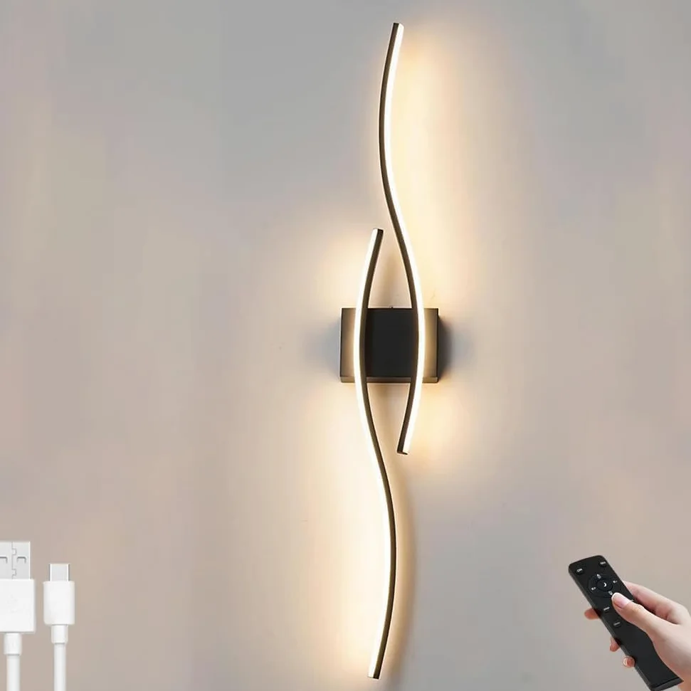 Akumulatorowa Lampa Ścienna LED Bez Wiercenia 80cm Długa Lampa Ściemnialna Wewnętrzna Z Pilotem Bezprzewodowa Lampa Ścienna Zakrzywiona Konstrukcja 10W 6000mAh Z Czasową Lampką Nocną Do Salonu