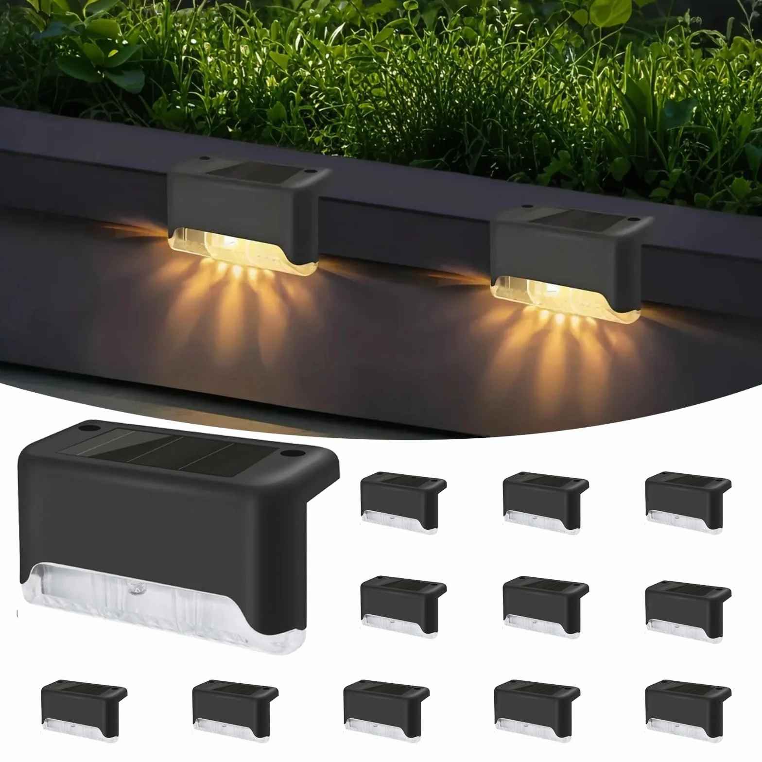 Hqynss Zewnętrzne lampy solarne, oświetlenie schodów, dekoracyjne oświetlenie LED, ciepłe białe światło, 12 sztuk, wodoodporne, może być używane do schodów na zewnątrz, schodów i oświetlenia