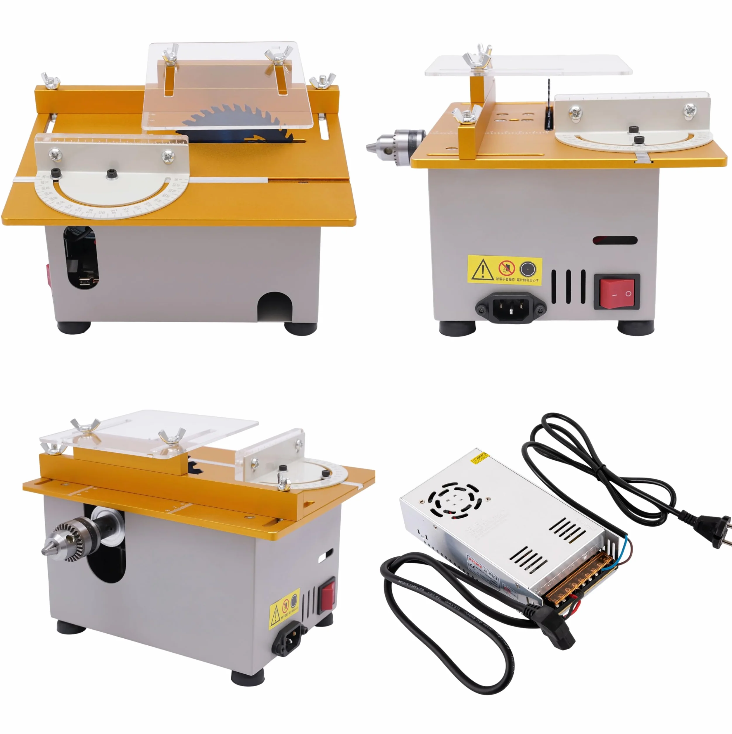 Profesjonalna mini piła stołowa z 4 ostrzami 9000 obr./min, przenośna stołowa pilarka tarczowa 300 W, elektryczna piła stołowa o grubości cięcia 0-29 mm, modelarstwo, cięcie, polerowanie