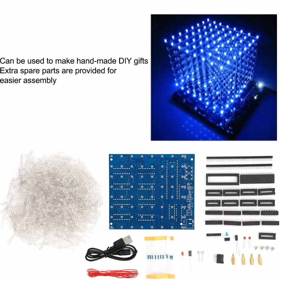 Zestaw 3D Led Cube, praktyczny 8x8x8 3D LED DIY Cube Light Shiny do zajęć edukacyjnych(Niebieski)