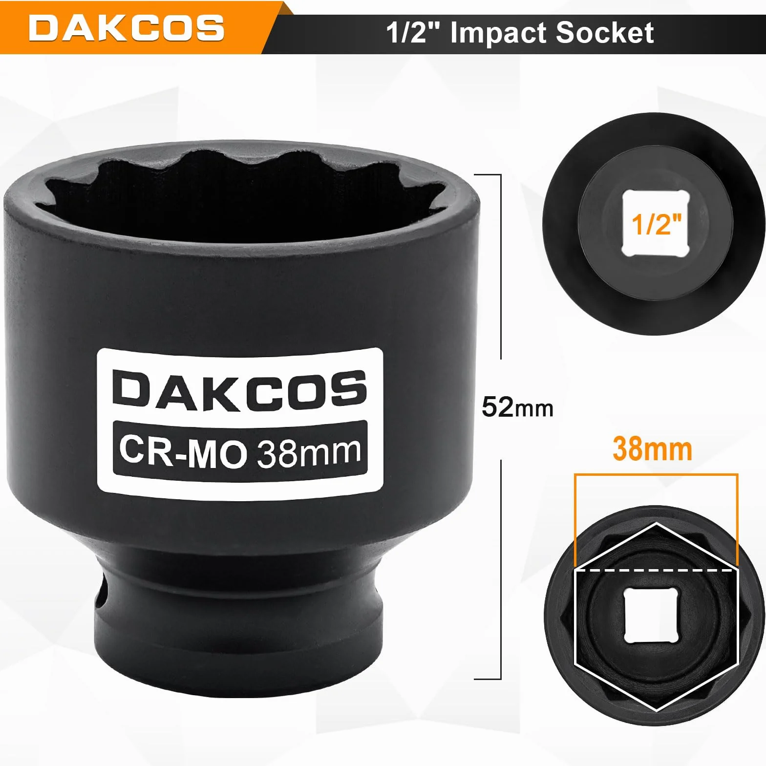DAKCOS Napęd 1/2 cala 38 mm gniazdo z profilem 12-zębnym, klucze nasadowe udarowe, metryczne, CR-MO