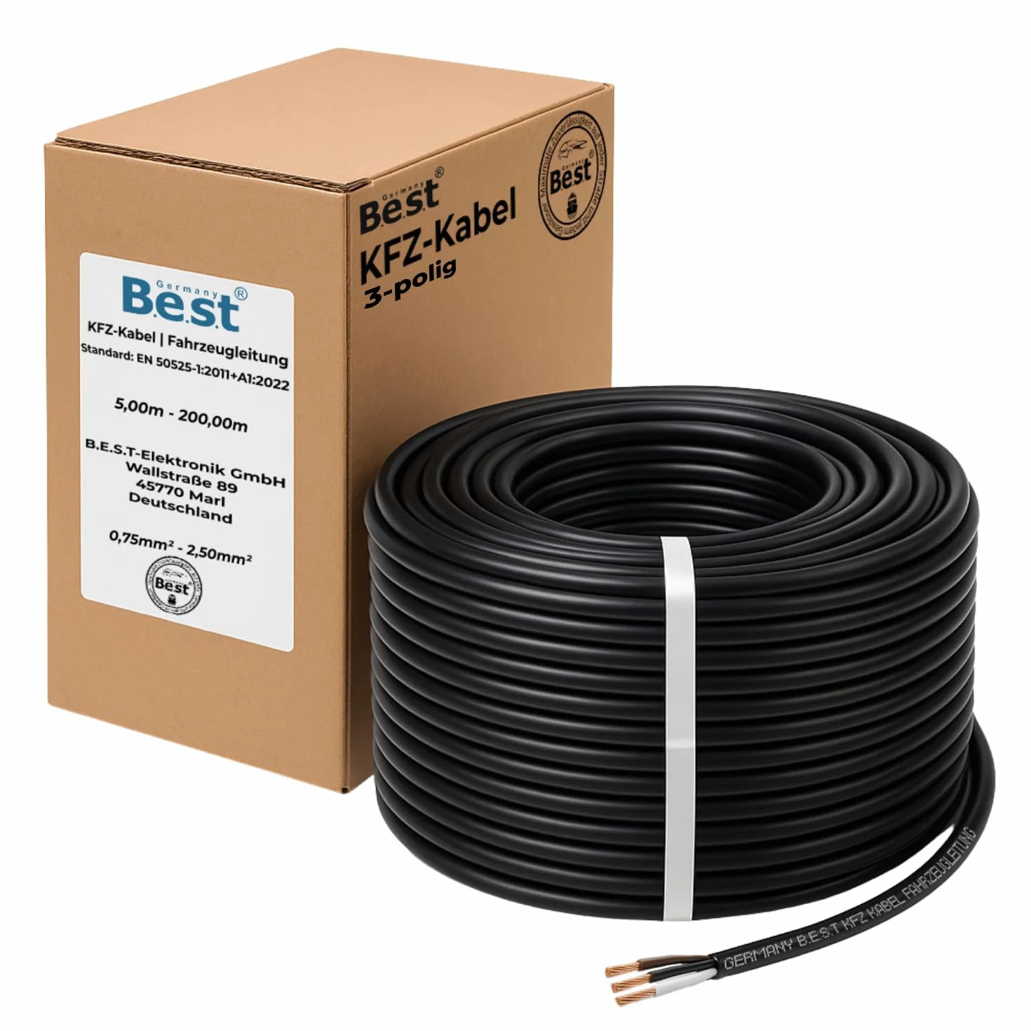 Kabel samochodowy 3 x 0,75 mm² 5 m okrągły I okrągły kabel do pojazdu, wszechstronne zastosowanie, 3-biegunowy