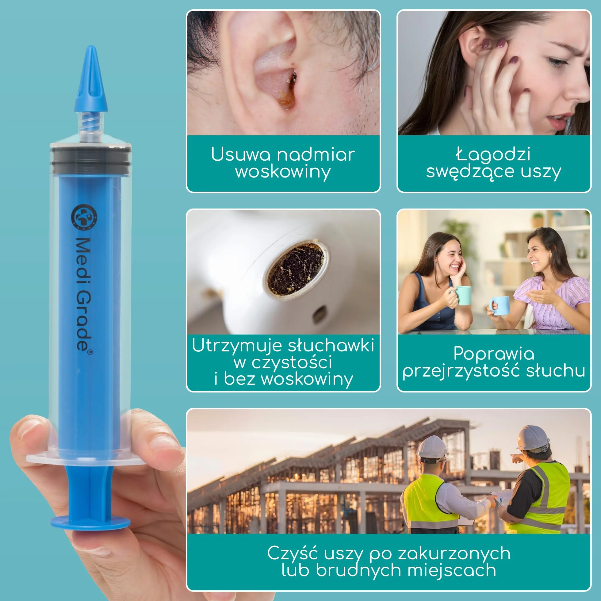 Zestaw do Czyszczenia z Uszu – Bezpieczne Usuwanie Wosku z Uszu od Medi Grade - Zestaw do Płukania Uszu Zawiera Strzykawkę 60 ml, 3 x Miękkie Końcówki Quad-Stream