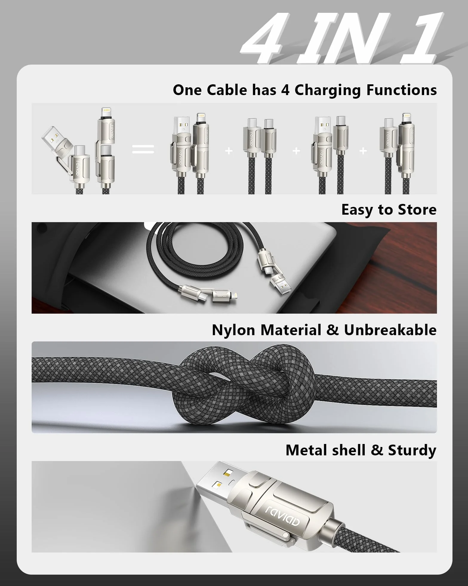 RAVIAD Kabel USB 4w1 60W PD 3A Szybkie Ładowanie USB C/USB A do Lightning USB C