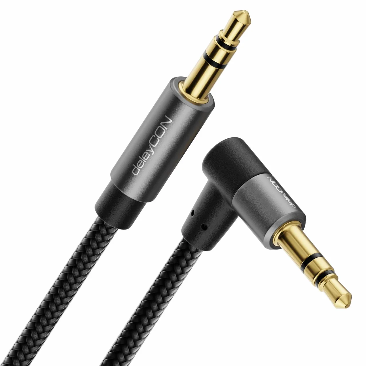 deleyCON 1,5m Kabel AUX 3,5 mm Kabel Audio Jack Stereo Kabel Bawełniany i Metalowe Złącza - Wtyk Prosty na Wtyk Kątowy 90° - Telefon Smartfon Tablet Słuchawki HiFi Odbiornik Samochodowy