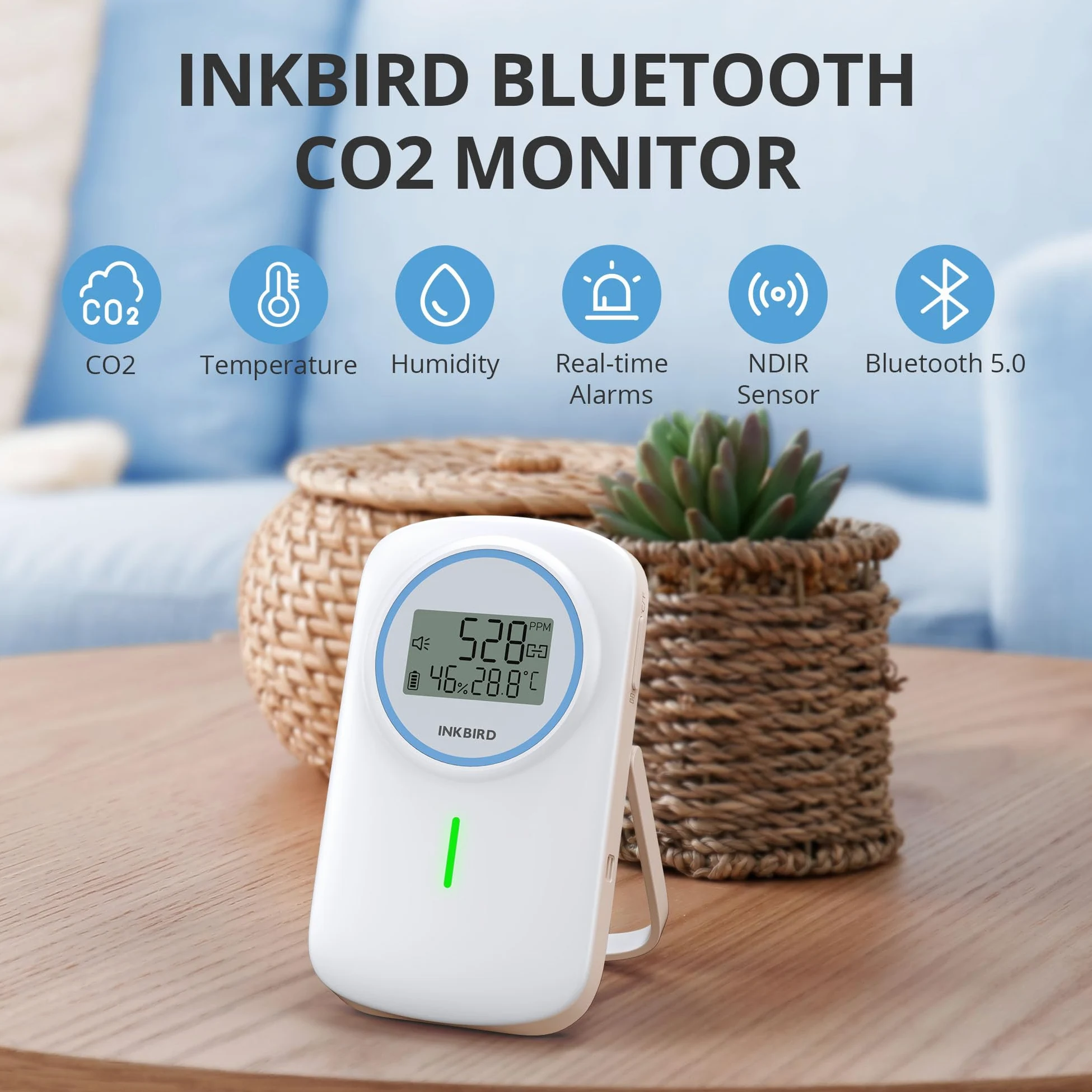 Inkbird Detektor CO2 Bluetooth, IAM-T2 monitor jakości powietrza w pomieszczeniach i wilgotności powietrza z aplikacją sterującą i funkcją alarmu do domu, szkoły, hotelu