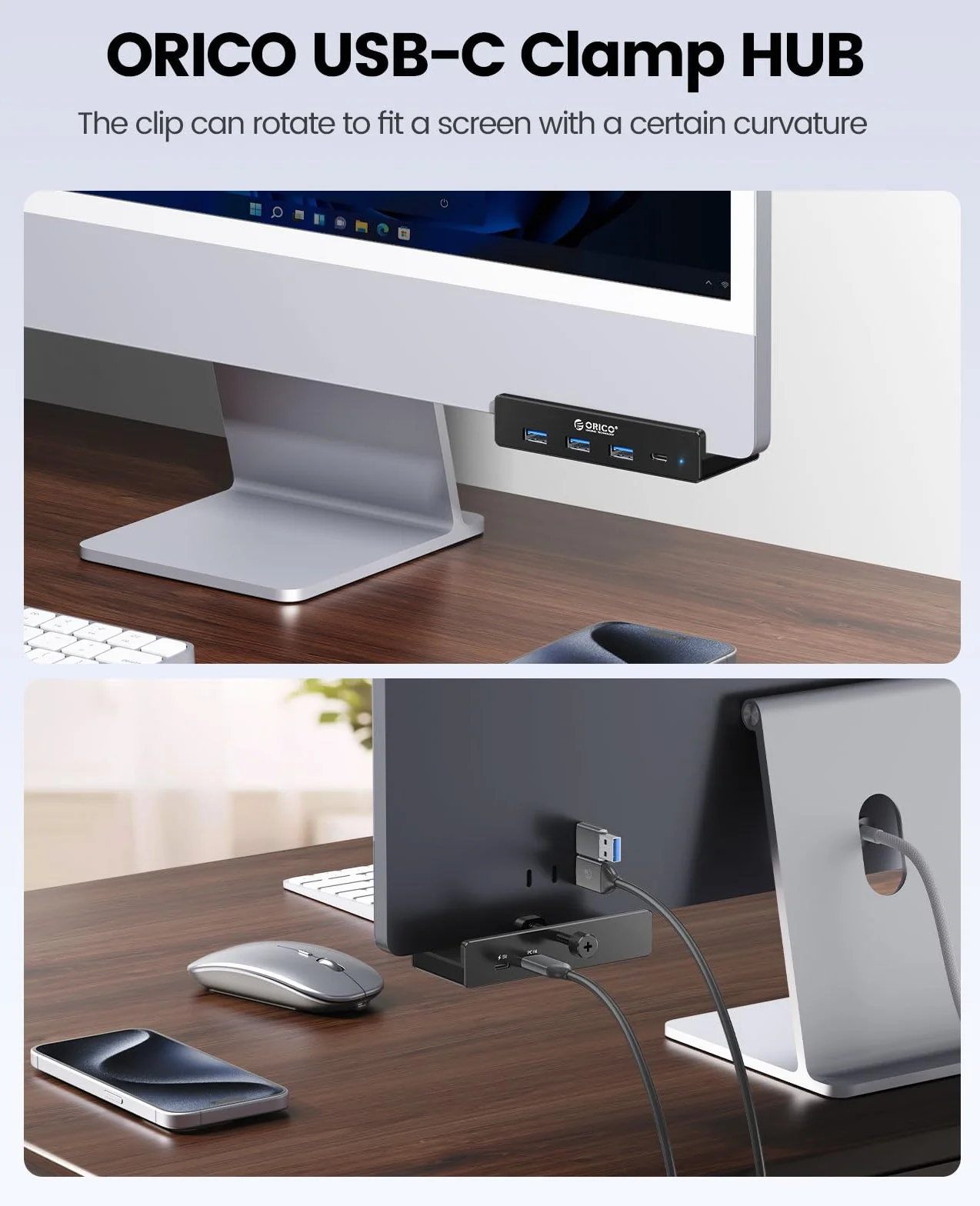 ORICO hub USB, aluminiowy hub USB 3.0 z mocowaniem 5V, 5Gbps 4-portowy rozdzielacz USB z 3 portami Typ-A 3.0 i 1 portem Typ-C 3.0, kabel 100 cm (C na A/C), do monitorów, biurek