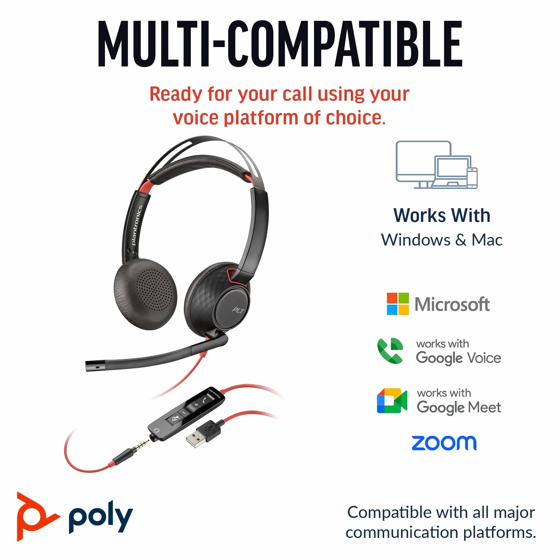 Poly Blackwire 5220 Caque Filaire Stéréo USB-A Jack 3,5mm Télécommande Noir