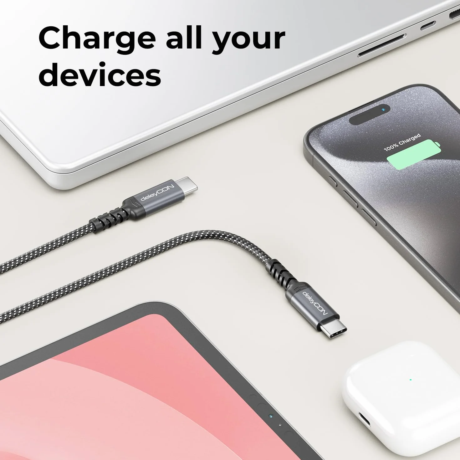 deleyCON 2x 0,30m Kabel USB-C 60W Szybkie ładowanie PD 3.0 PPS USB-C do USB-C do iPhone 16 15 Pro Max Air, Galaxy A16 A56 S25 S24 S23, Pixel, iPad Pro, MacBook