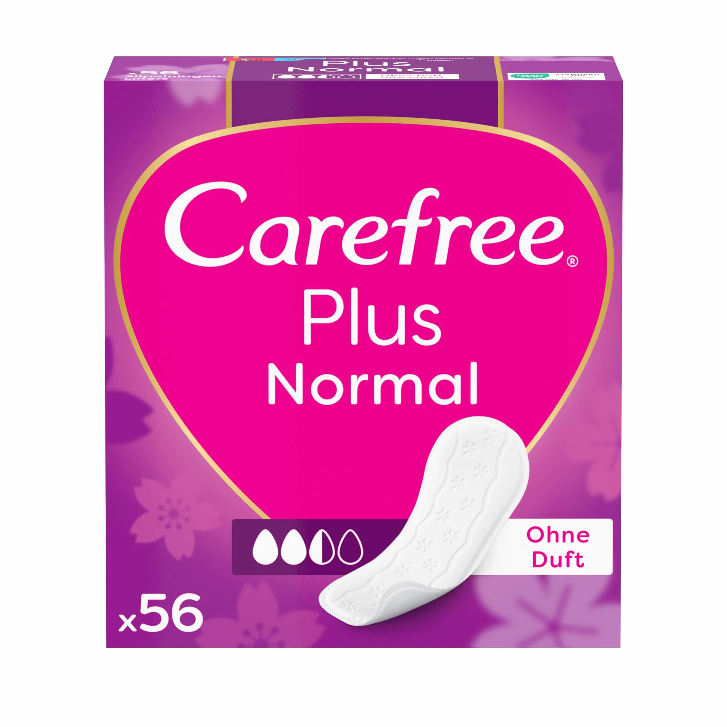 Carefree 56 x plus normalne wkładki o lekkim zapachu, bardzo chłonne, aby natychmiast zablokować płyny, normalny rozmiar