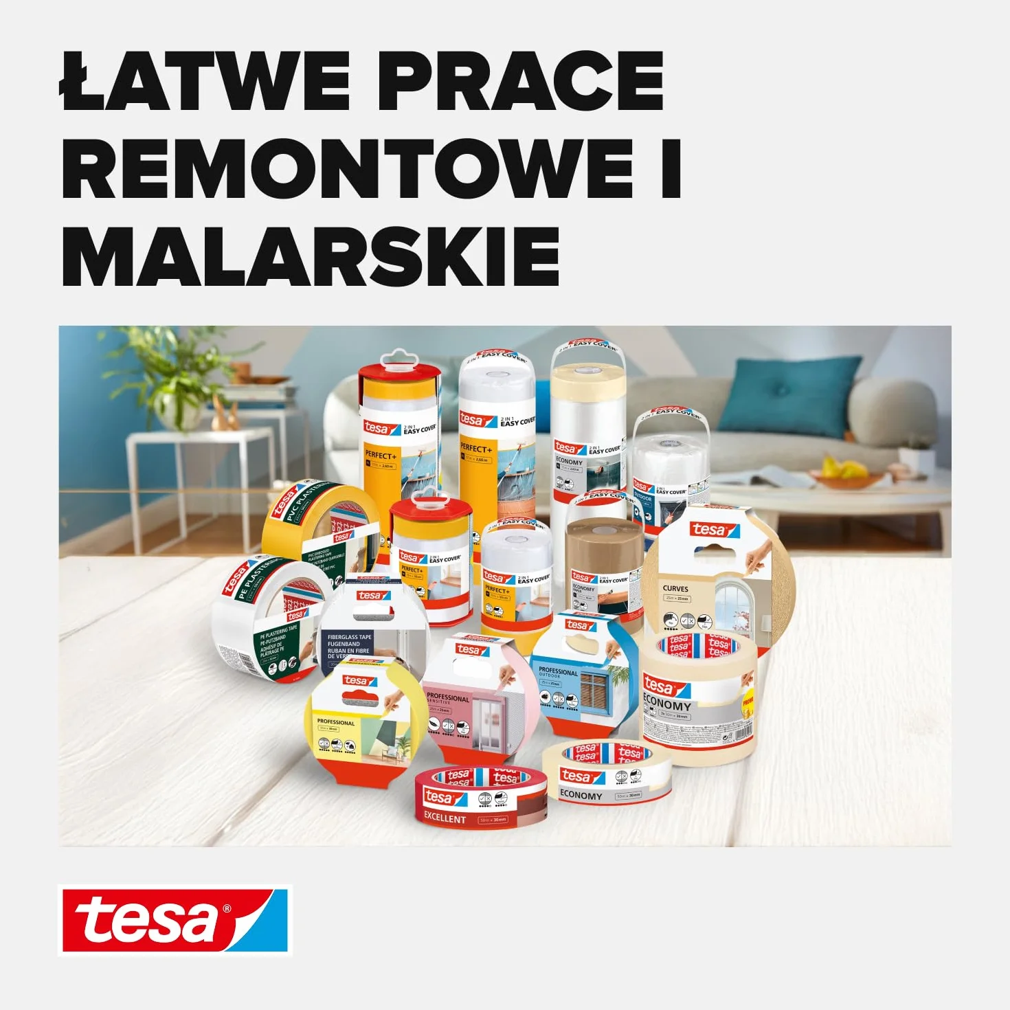 tesa papier Easy Cover UNIVERSAL - papier malarski 2w1 z samoprzylepną taśmą maskującą do prac malarskich i remontowych - 25m x 18cm