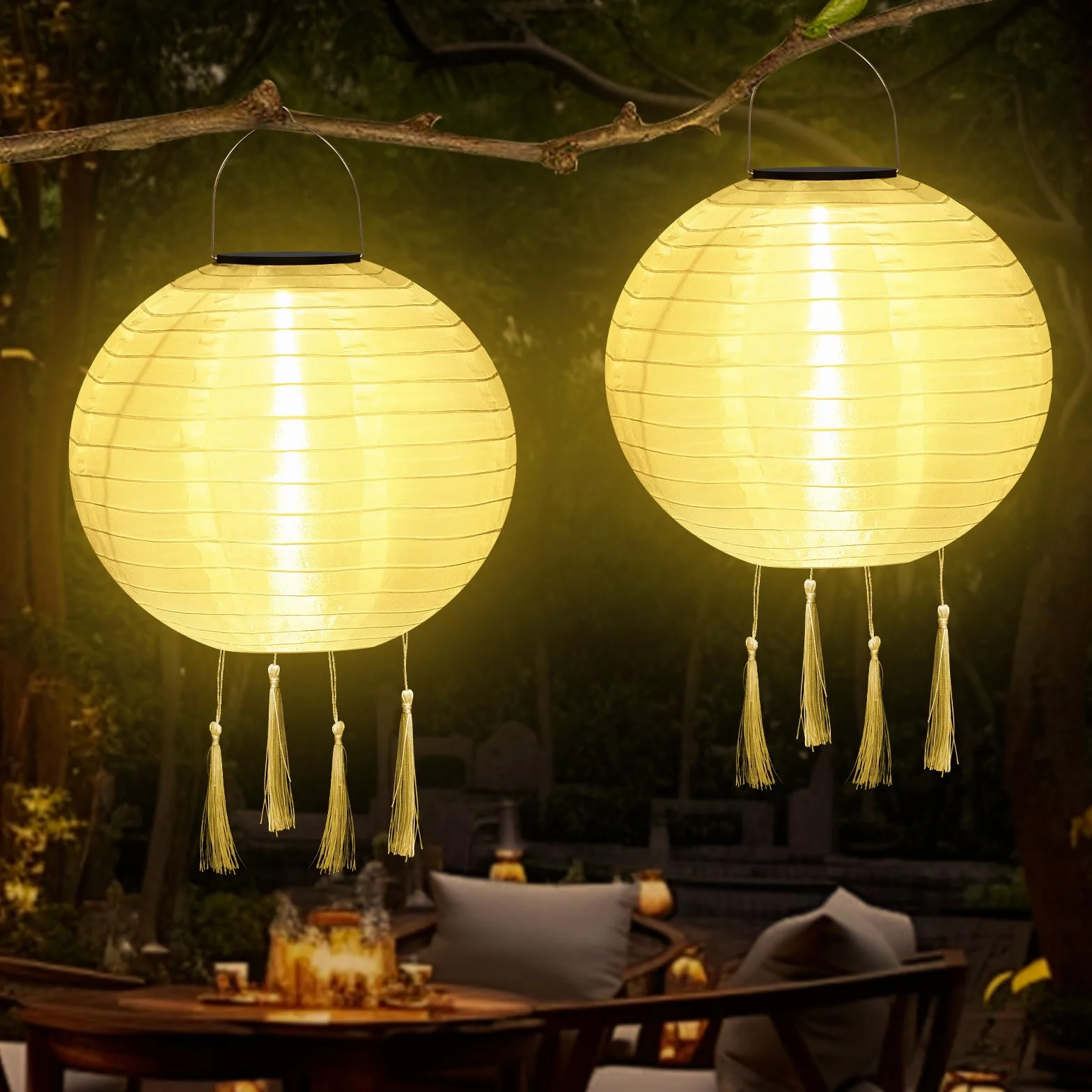 Lampiony solarne LED, 2 sztuki, 25 cm, odporne na warunki atmosferyczne, solarne LED, wodoszczelne latarnie z 4 frędzlami, nylonowe, wiszące lampiony solarne do ogrodu, na podwórko, balkon