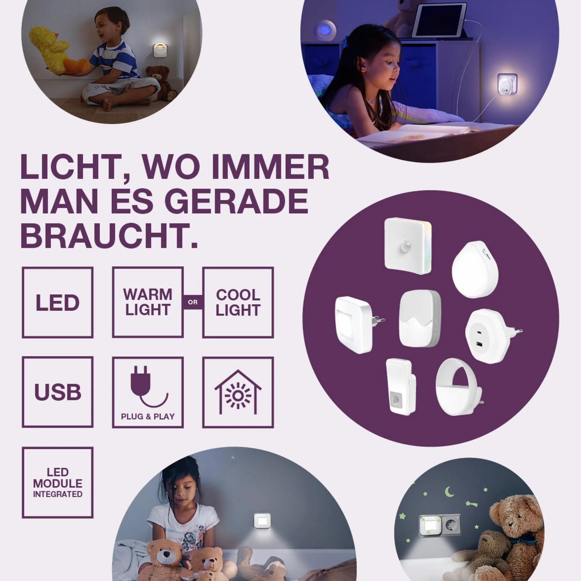 OSRAM Lampka nocna z gniazdem, czujnik światła dziennego, 3000K ciepła biel, 0,28 W, biały, klasa ochrony IP20, do pokoju dziecięcego i salonu