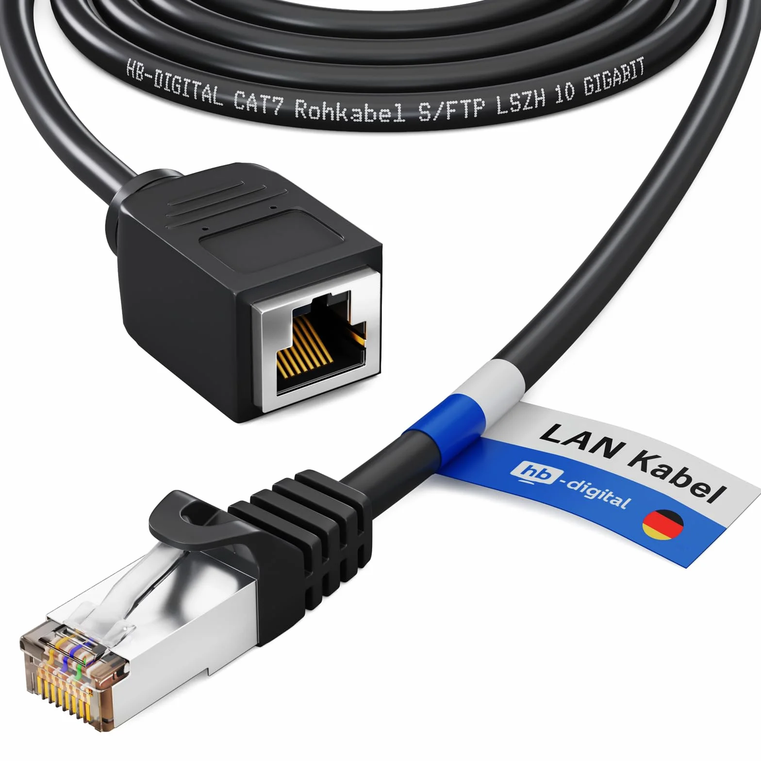 HB-DIGITAL Przedłużacz Ethernet Cat.7 RJ45 0,5m 10 Gbit/s S/FTP PIMF 600MHz Czarny