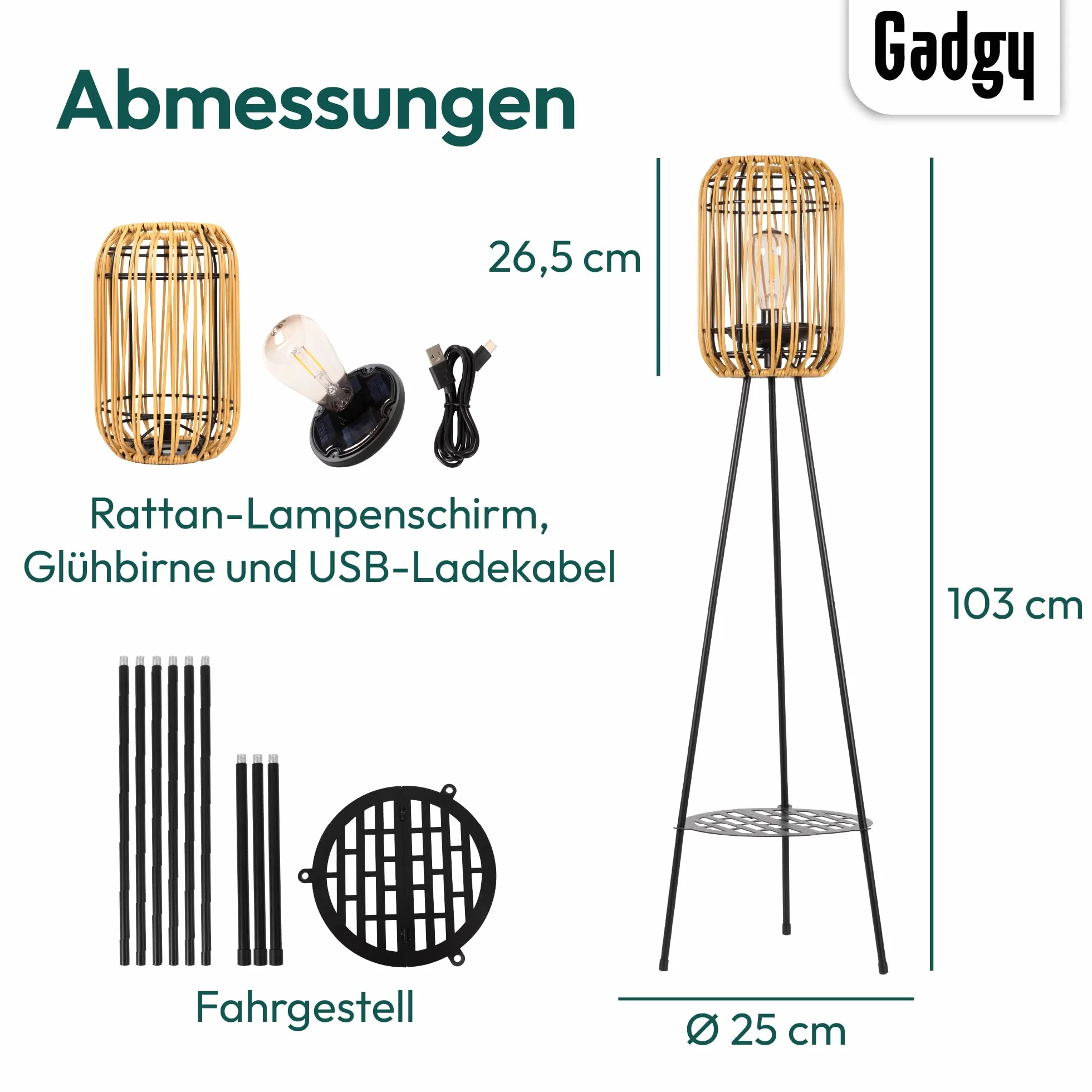 Gadgy Lampa Stojąca Solarna Na Zewnątrz - Rattanowa LED Na Trójnogu, Wodoodporna Lampa Ogrodowa Do Balkonu, Tarasu i Patio, Zrównoważone Dekoracyjne Oświetlenie Zewnętrzne