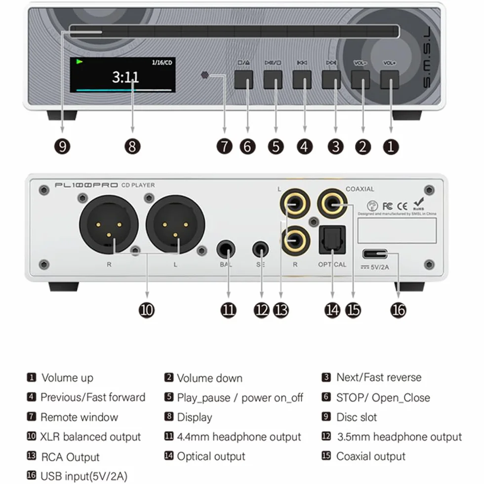 SMSL PL100PRO Odtwarzacz CD, RCA/Optical/Coaxial/XLR Balanced/3,5+4,4 mm, 200 mW 32 Ω, 2 x wysokiej klasy chipy DAC CS43131, kompatybilny z dyskami CD-R/CD-RW/MP3, bezstratne odtwarzanie MQA (czarny)