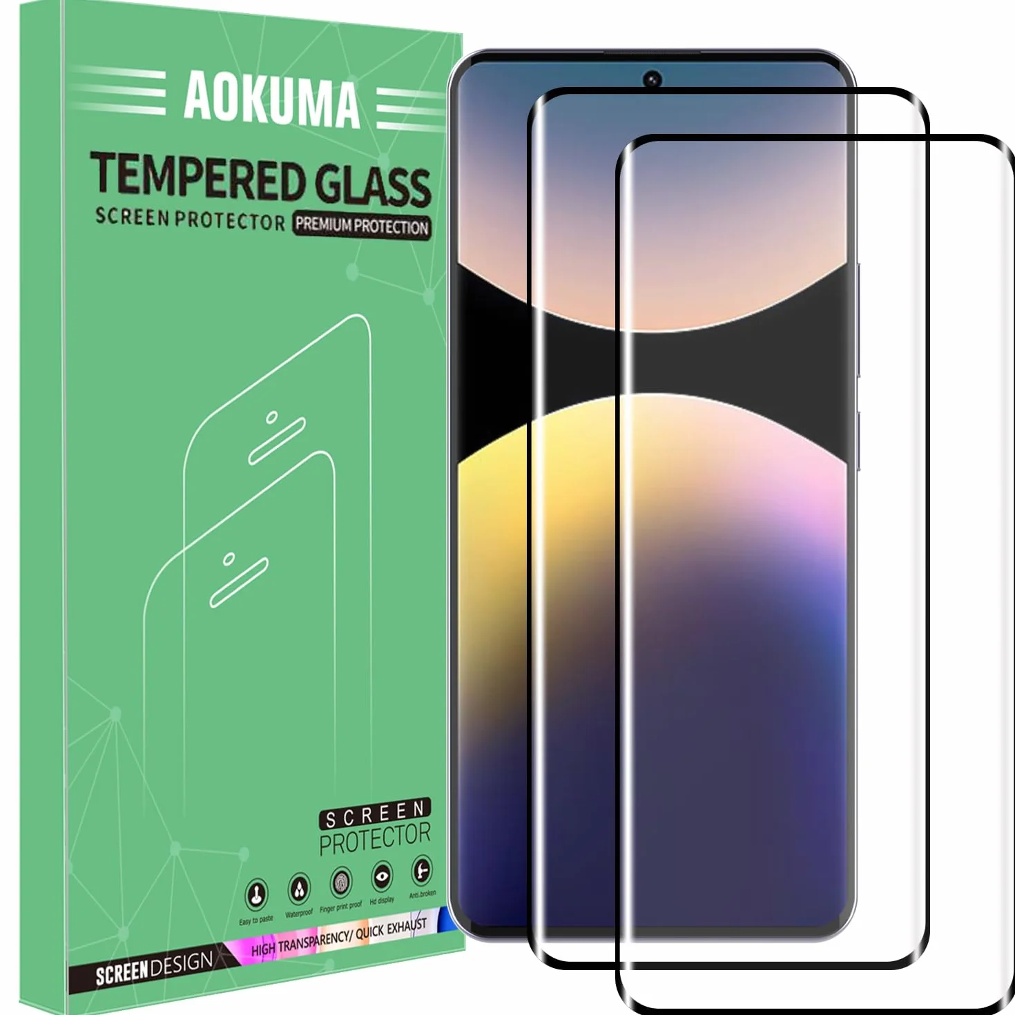 AOKUMA Xiaomi Redmi Note 14 Pro 4G / Poco M7 Pro/Poco F5 Pro 5G 3D szkło pancerne 3D, szkło kompatybilne z Redmi Note 14 Pro, wysokiej jakości folia szklana 3D o twardości 9H, 2 sztuki, odporna na