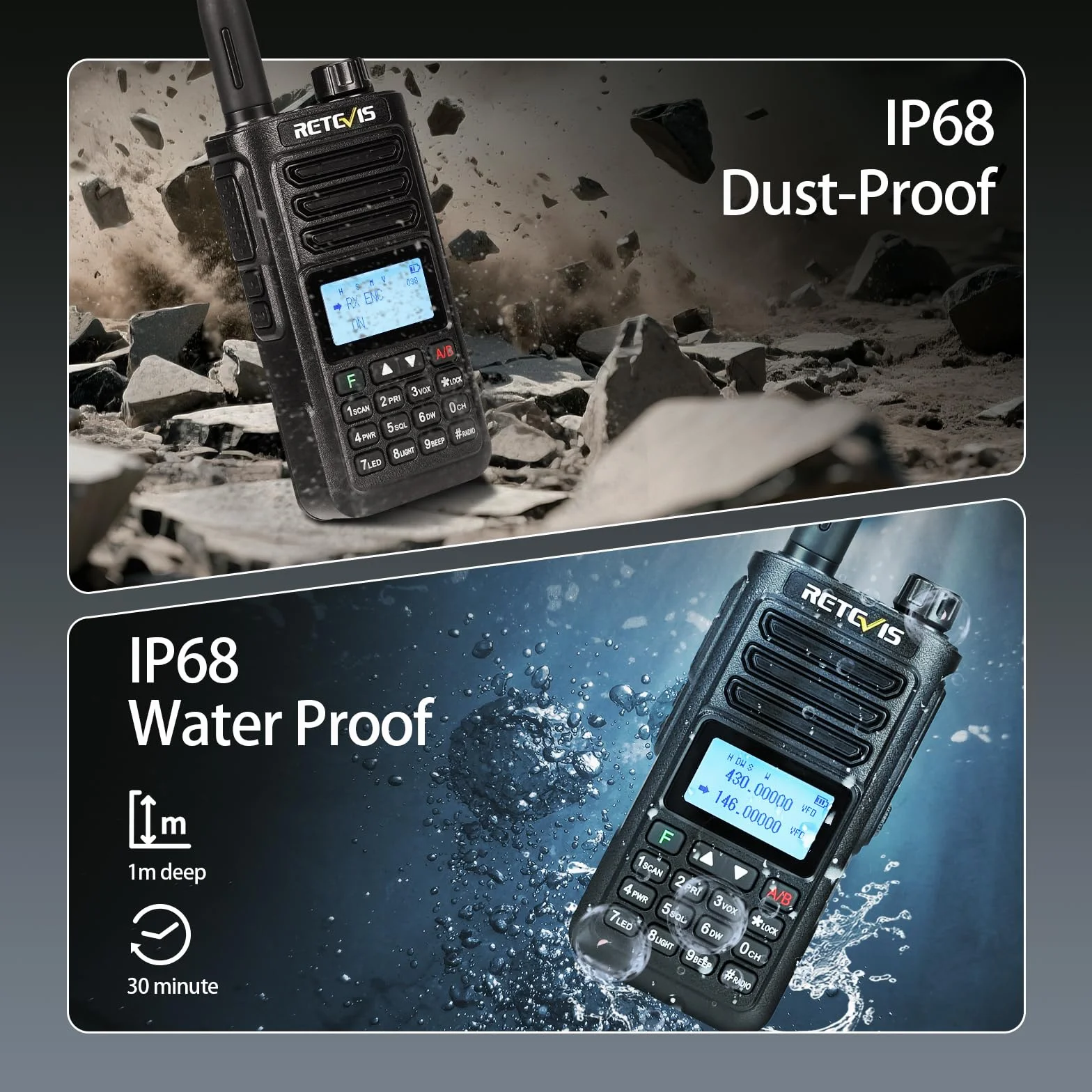 Retevis RA89 Ham Radio, Dwuzakresowe Radio Amatorskie, Wodoodporność IP68, 2500 mAh, 2 Szt., Czarny
