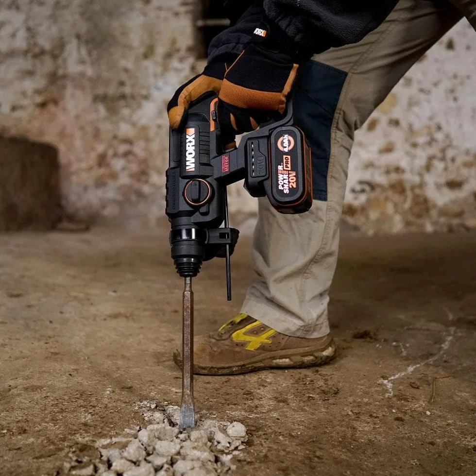 WORX NITRO WX381 akumulatorowa młotowiertarka – bezszczotkowy młotek pneumatyczny 20 V do wiercenia, młotowiertarki i dłutowania – energia udaru 2 dżula z akumulatorem i ładowarką