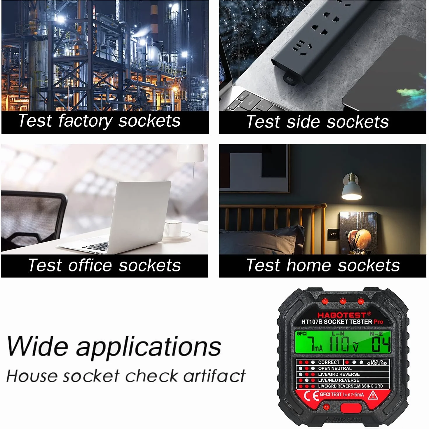 Tester gniazdek z kontrolką RCD, tester gniazd z kontrolką, 6 rodzajów diagnostyki błędów, tester napięcia, CAT ll 300 V