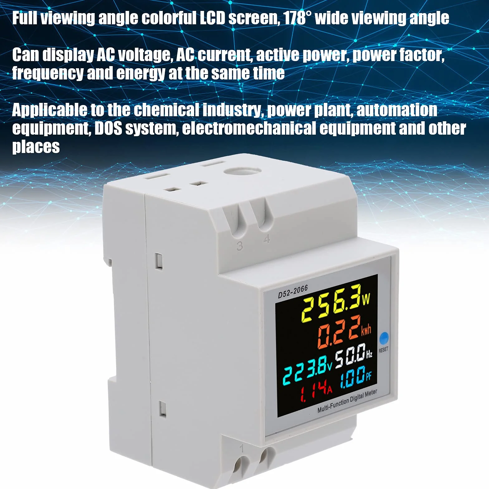 D52 2066 Watomierz Kolorowy Ekran LCD Typ Szyny Domowej 220V Inteligentny Jednofazowy Licznik Energii Monitor Zużycia Energii Elektrycznej AC 40 do 300V