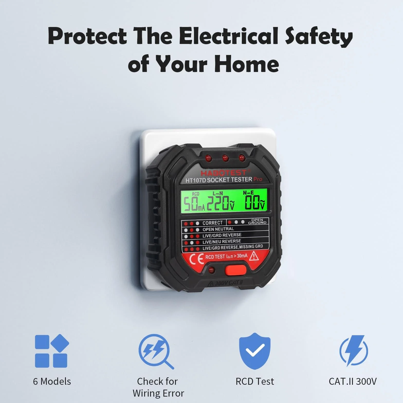 Tester gniazd z kontrolą RCD i wyświetlaczem napięcia LCD, 6 rodzajów diagnostyki błędów, 48-250 V/45-65 Hz