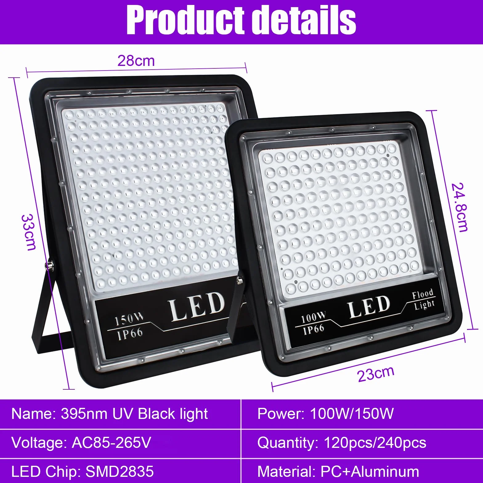 Eleganted 2 szt., 150 W, czarne światło UV, 395-405 nmLED, czarne światło świetlne, IP66, wodoodporne światło UV na imprezę czarnego światła, GLOW, obraz fluorescencyjny, obraz ciała, Halloween