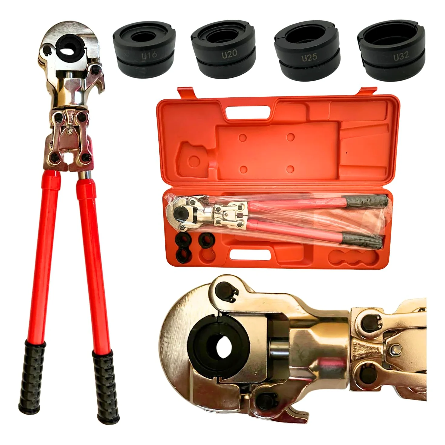 Rimex Szczypce zaciskowe w kształcie litery U, 60 kN, do PEX-AL-PEX & PERT-AL-PERT, U16, U20, U25, U32, uchwyty teleskopowe, obrót o 360°, z koffem